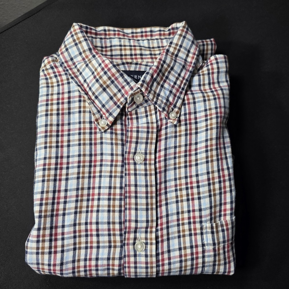 Lands End Mens Shirt Large 16-16.5 Red, Blue, Brown Long Sleeve Button Tailored